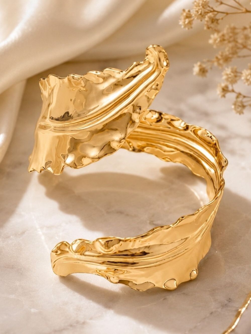 Women Jewelry Gold Sculpted Leaf Open Cuff Bracelet